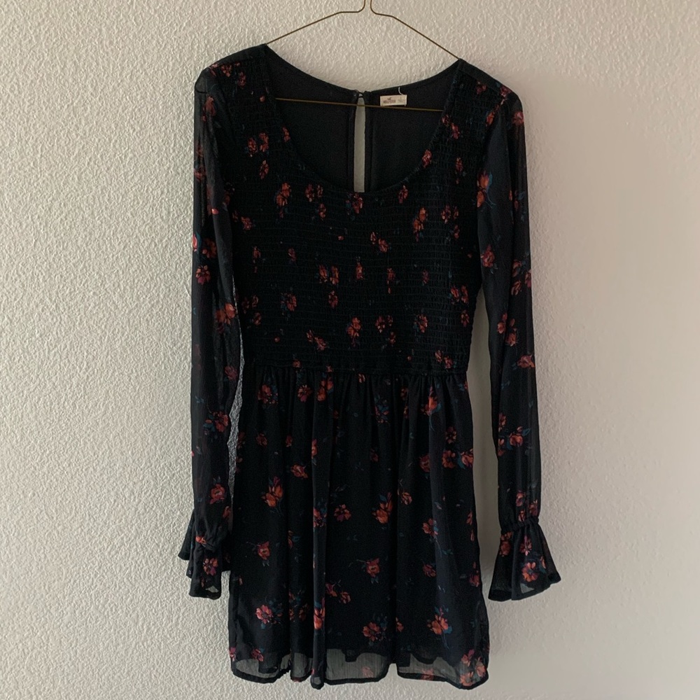 Hollister Sheer Long Sleeve Floral Dress Black